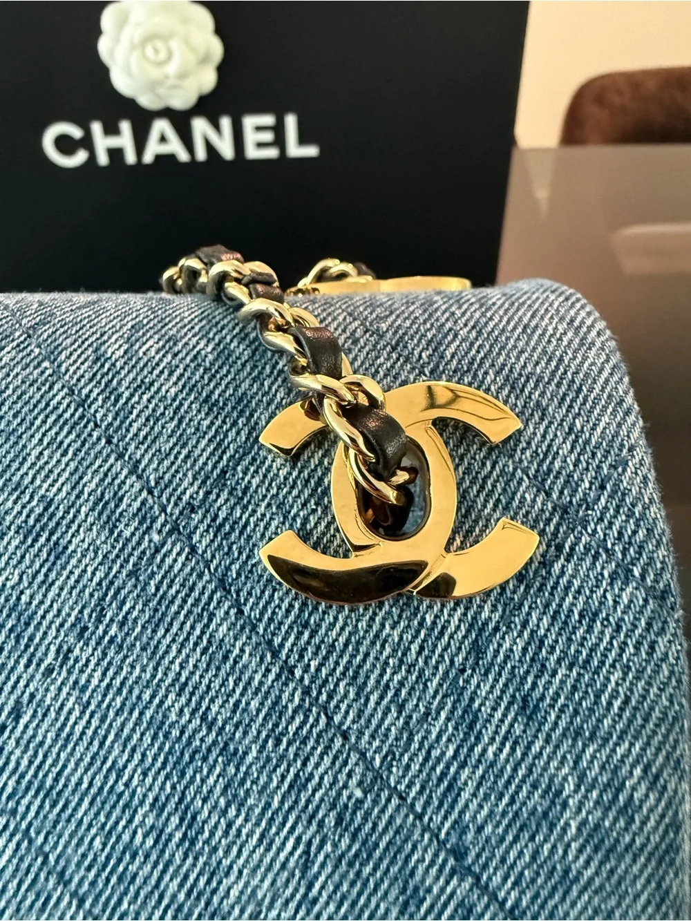 CHANEL Light Blue Denim Quilted Flap Shoulder Bag with Gold Hardware